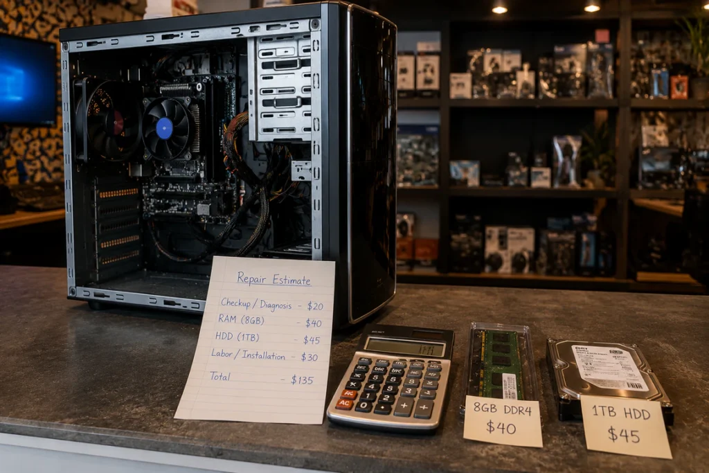 Repair shop estimate and PC parts laid out for boot screen repair cost breakdown