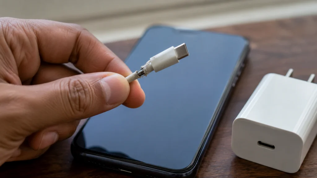 Frayed and bent USB-C charging cable next to a smartphone, a common cause of ghost touching while charging