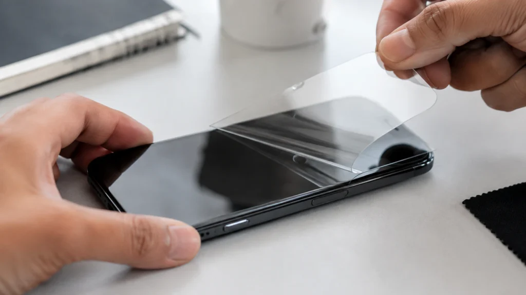 Hands peeling a lifted screen protector with a trapped air bubble off a smartphone screen
