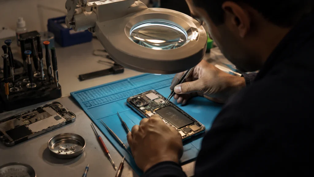 Repair technician inspecting a smartphone digitizer with tweezers and a magnifying lamp at a workbench