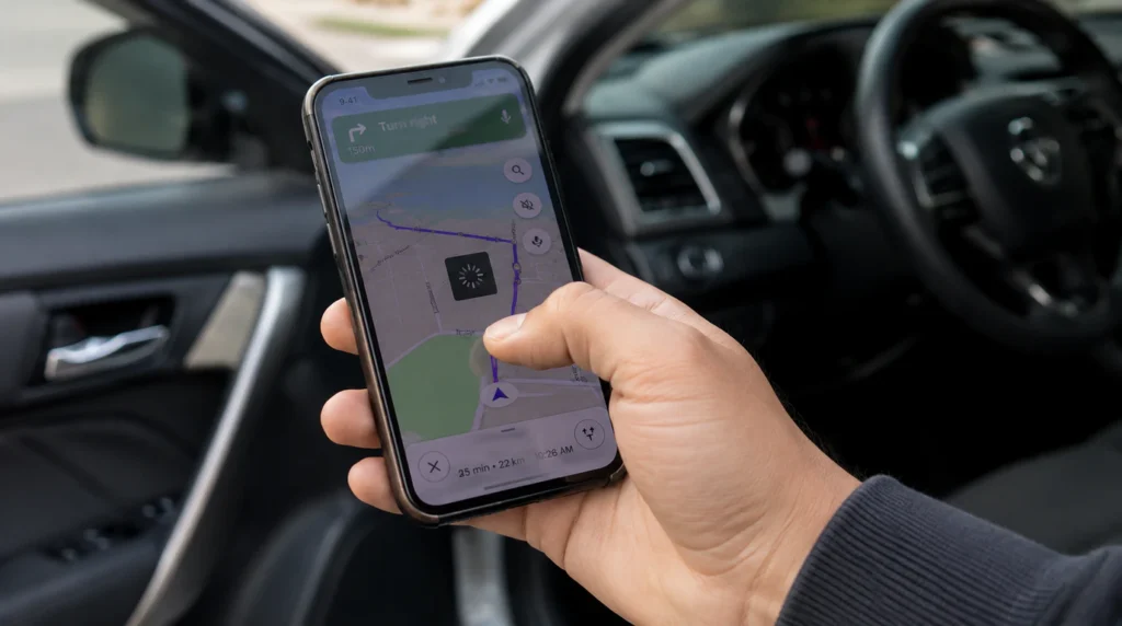 Hand holding a smartphone showing a Google Maps navigation screen frozen mid-route with a stalled route line