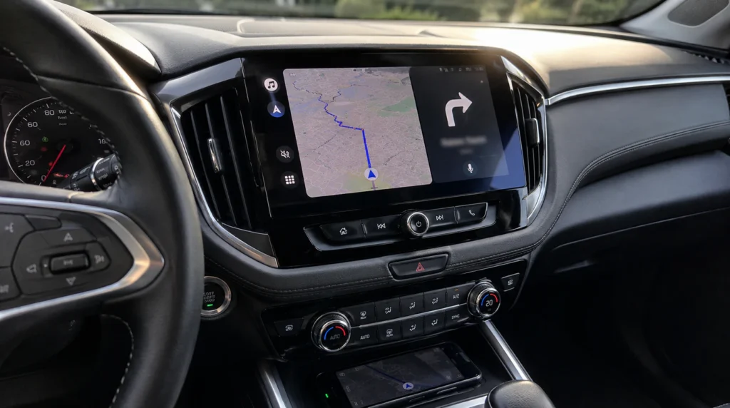 Car infotainment touchscreen showing a frozen Android Auto navigation map while a phone sits in a wireless charging cradle nearby