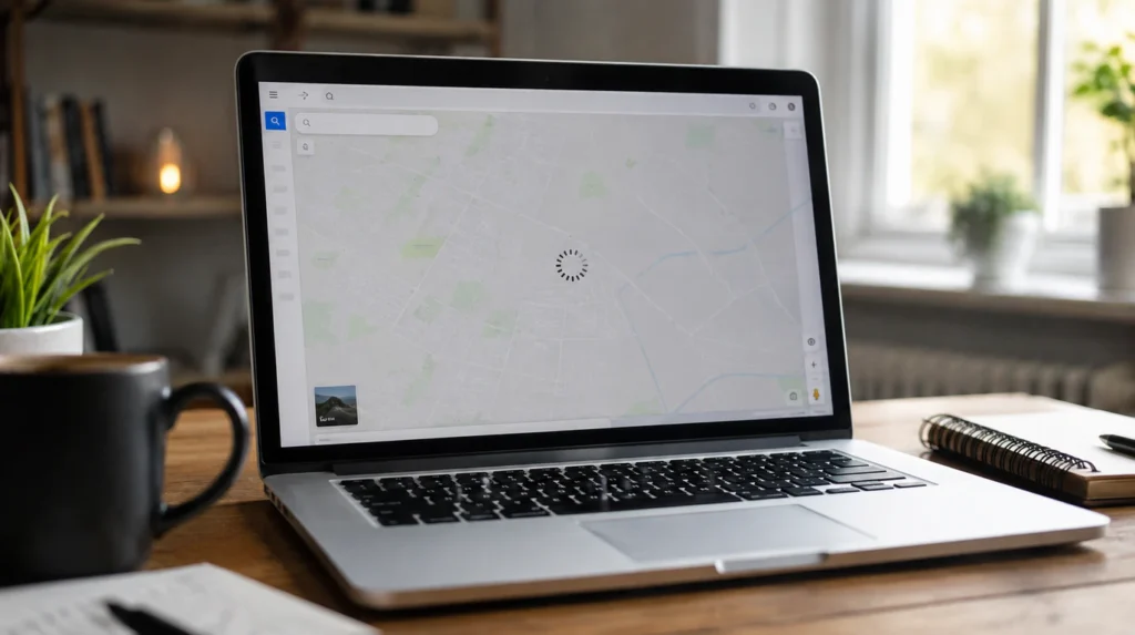 Laptop on a desk showing a Google Maps browser tab that has stopped loading with a stalled map view