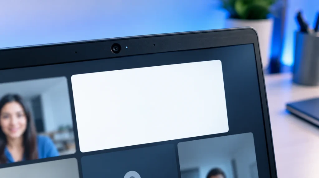 Close-up of laptop webcam showing a blank white video tile in Google Meet