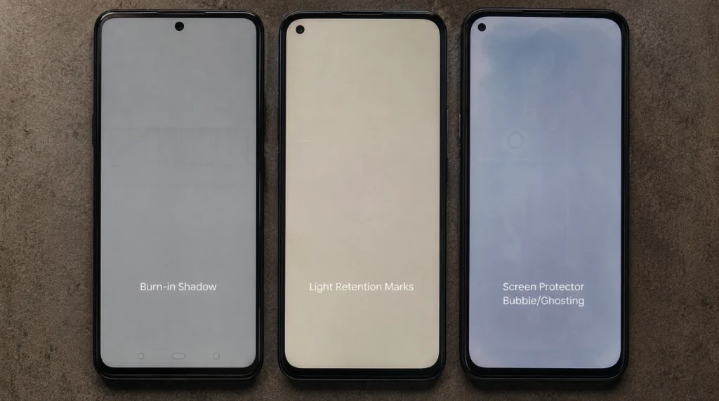 Comparison of Pixel screen burn-in, image retention, and screen protector ghosting side by side