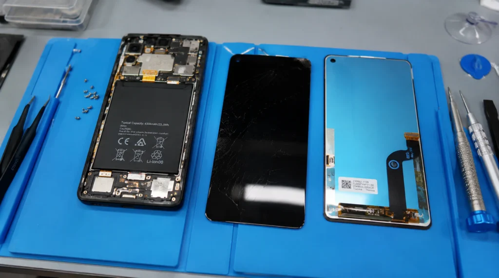 Disassembled Google Pixel phone with OLED screen replacement parts on repair workbench