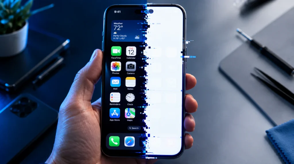 Split screen showing phone in dark mode transitioning into a broken white Instagram screen