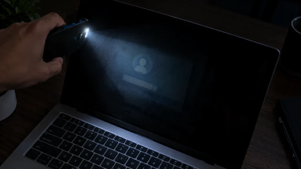 Phone flashlight held at an angle across a black laptop screen to check for backlight