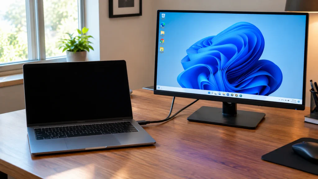 Laptop with a black screen connected by HDMI to an external monitor that shows the desktop