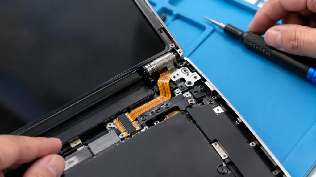 Close-up of a laptop hinge with the thin display ribbon cable that can cause a black screen