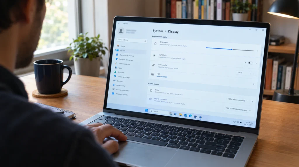 Windows 11 Display settings open on a laptop screen showing the brightness slider being adjusted