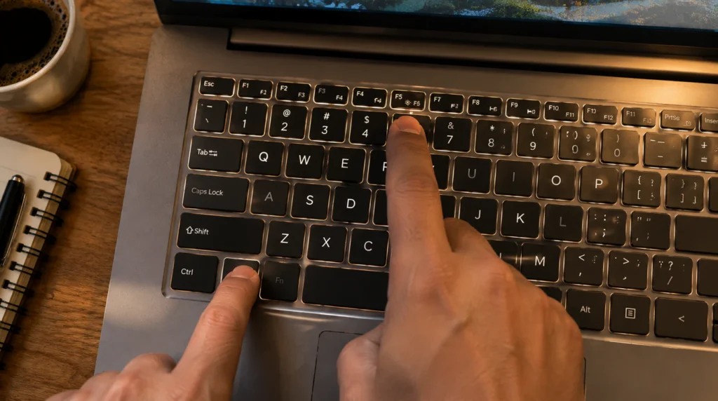 Hand pressing Fn and brightness function key together on a laptop keyboard to fix stuck brightness