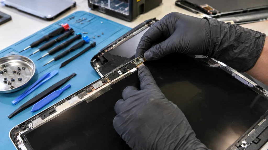 Laptop disassembled on a repair bench showing the display cable and ambient light sensor near the webcam