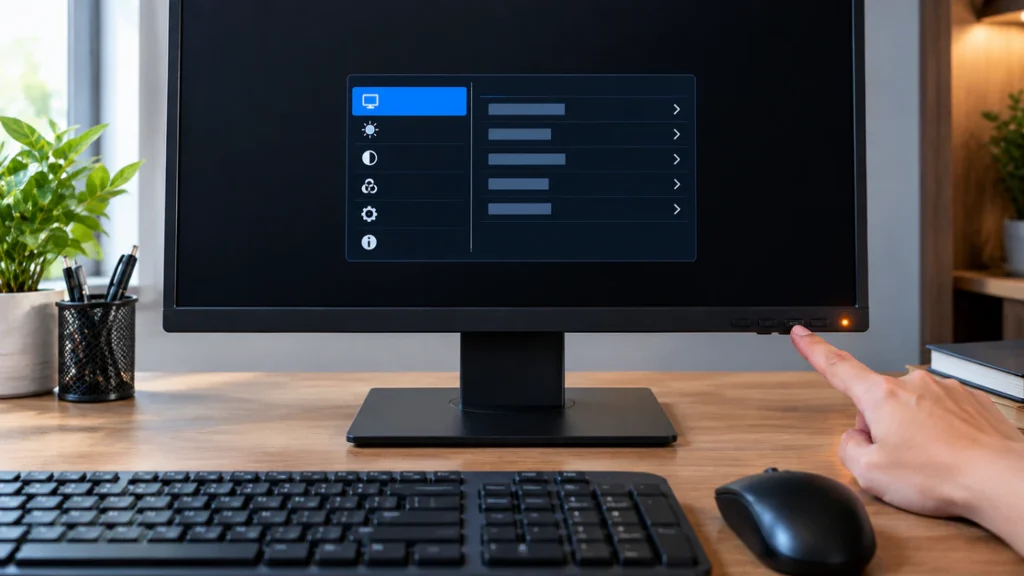 Hand pressing the monitor menu button with the video cable unplugged