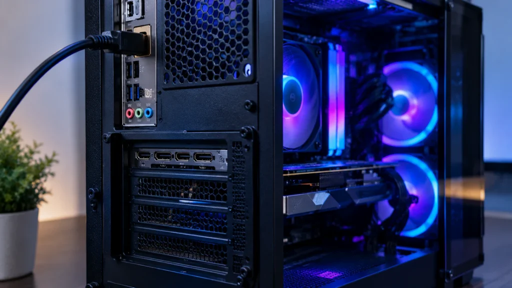 PC with spinning RGB fans and the monitor cable plugged into the motherboard port instead of the graphics card