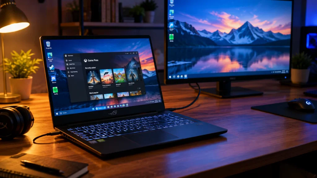 Gaming laptop connected to external monitor to test hybrid graphics NVIDIA GPU port