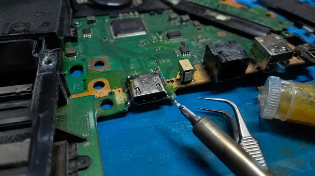 "Close-up of PS4 motherboard HDMI port during repair for flickering"