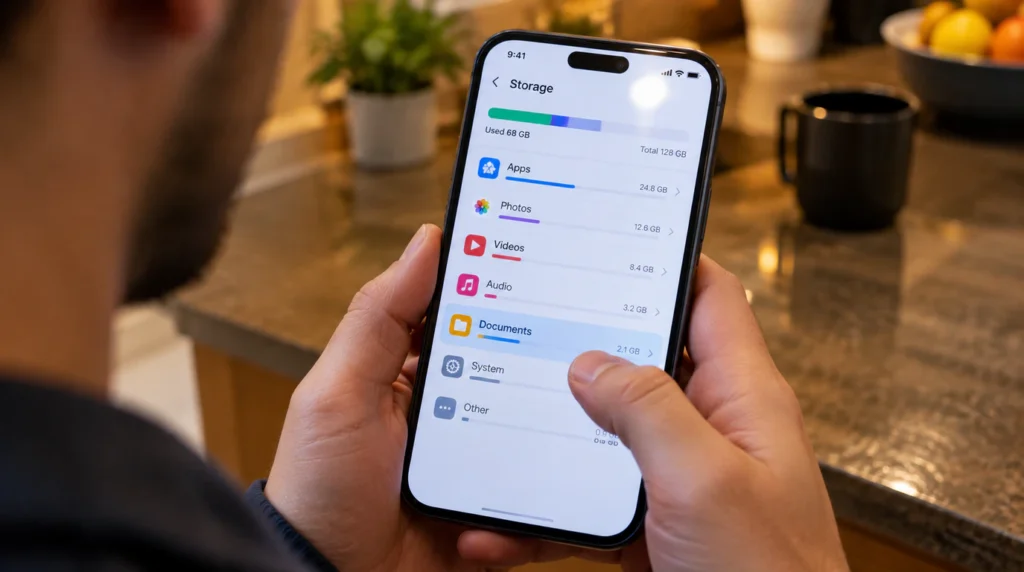 "Phone settings menu showing app storage list used to clear cache when Pinterest app is stuck on splash screen"