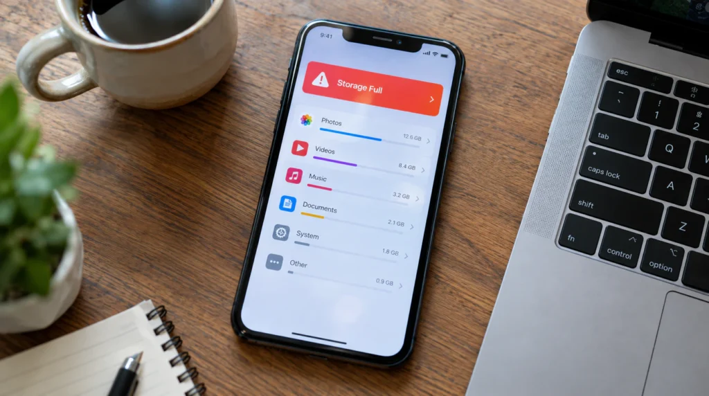 "Smartphone screen showing a storage full warning, a common cause of Pinterest app freezing on splash screen repeatedly"