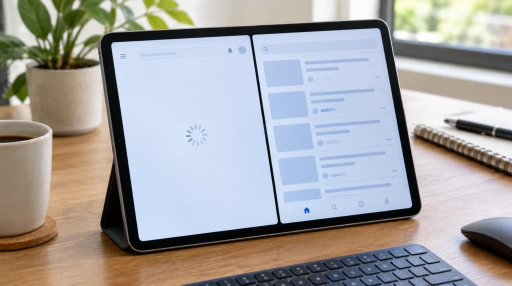"iPad in Split View mode with one app frozen on loading screen, showing the iPad layout bug behind a stuck splash screen"