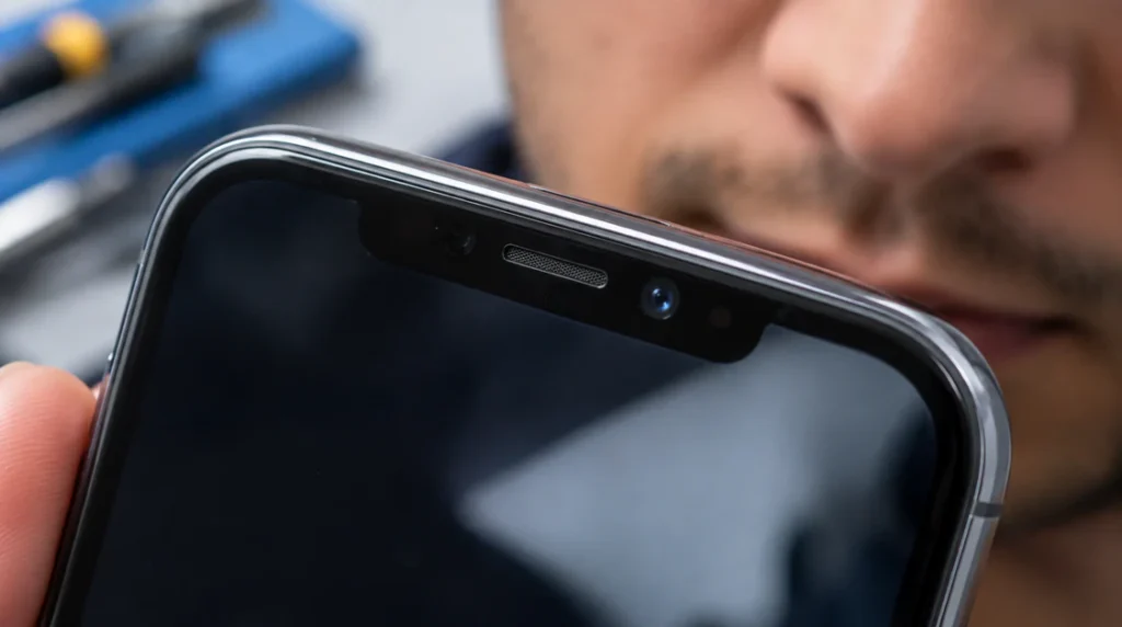 Close-up of smartphone proximity sensor near earpiece causing screen flicker during calls