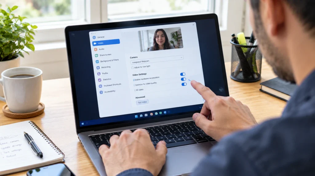 Person adjusting video call settings on laptop to fix hardware acceleration screen flicker