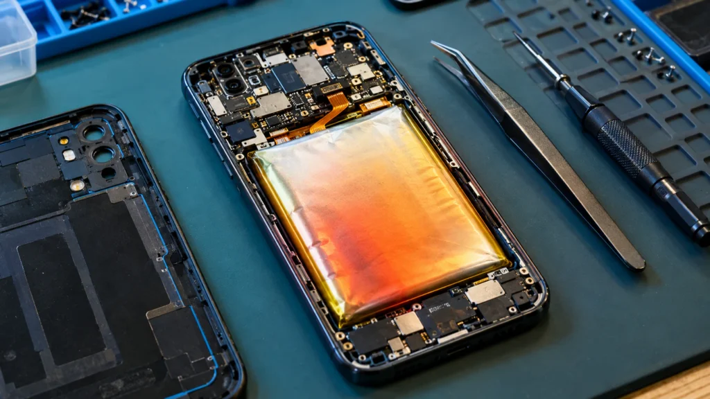 Open smartphone showing battery and logic board causing charging heat