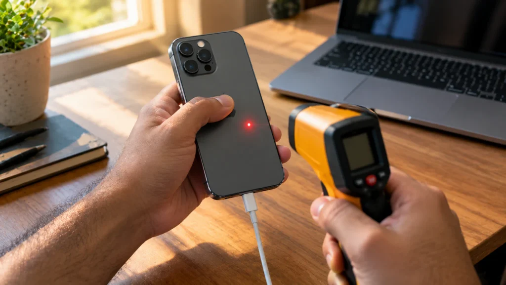 Checking phone temperature with an infrared thermometer while charging