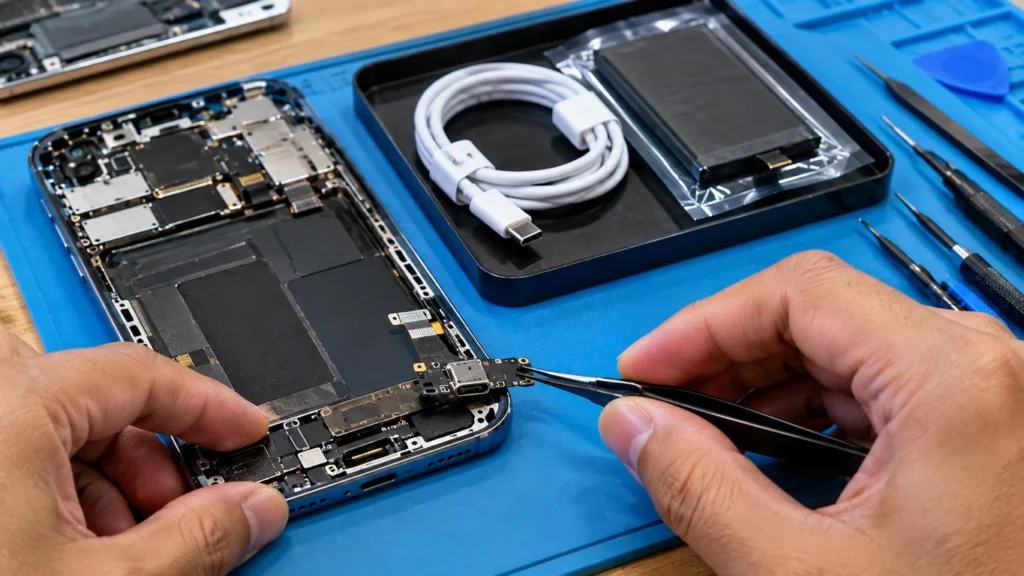 Technician repairing a phone charging port with a replacement battery nearby