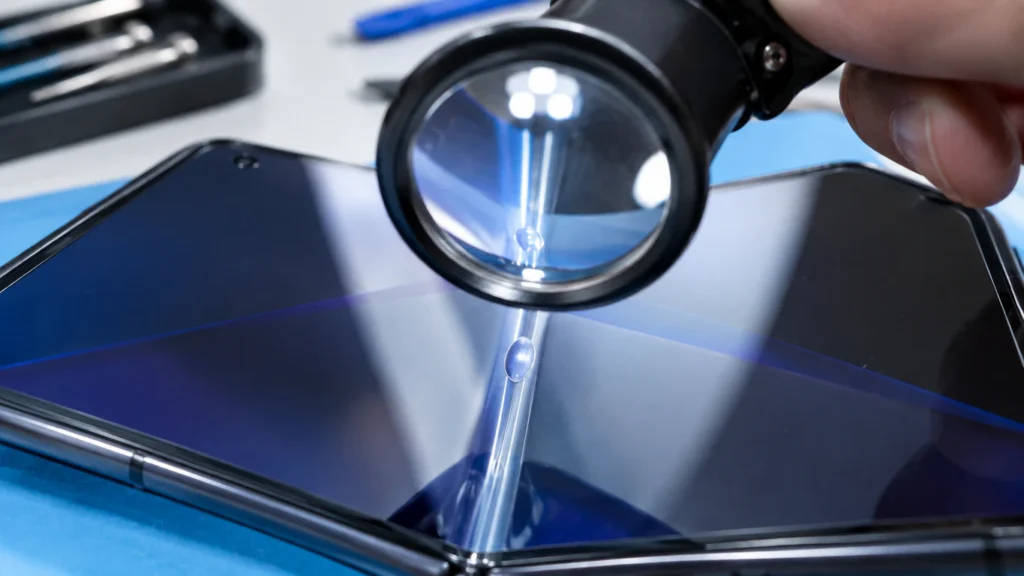 "Close-up inspection of foldable phone screen protector bubble near the crease with magnifying loupe"