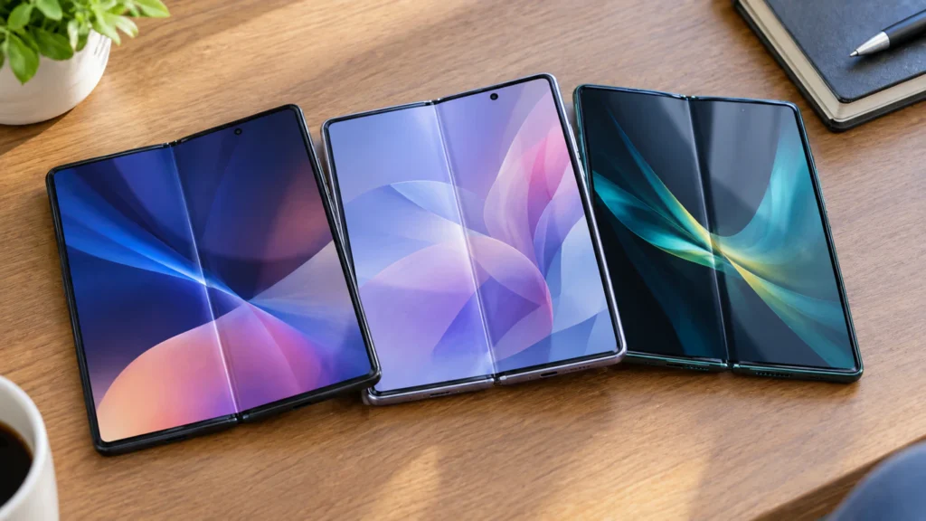 "Three foldable smartphones from different brands compared side by side, opened flat"
