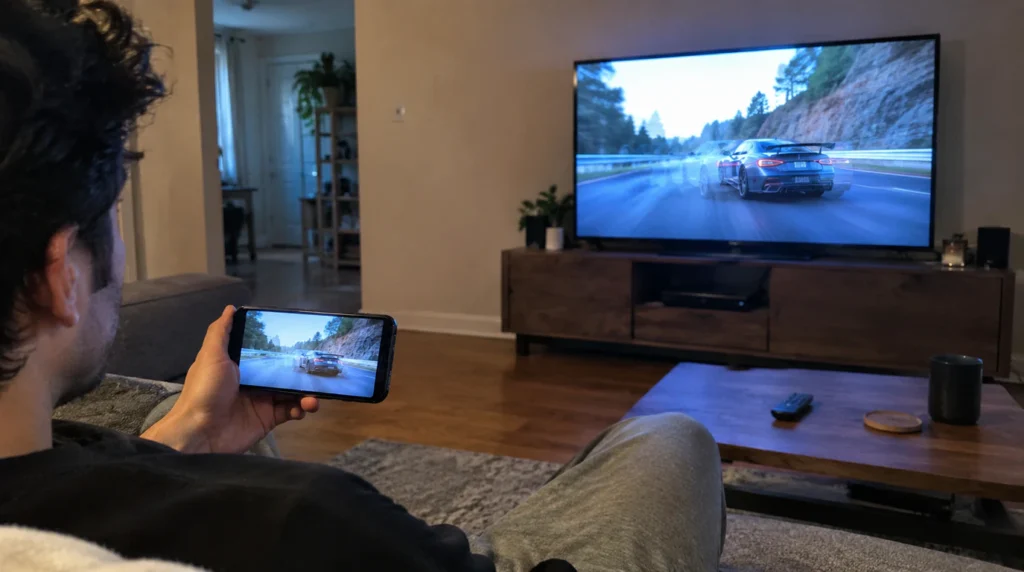 Phone screen mirroring wirelessly to a TV with visible lag during Miracast or AirPlay casting