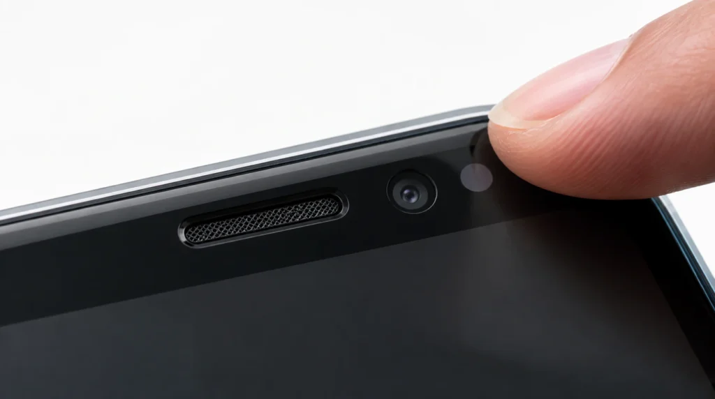 Close-up of smartphone proximity sensor near earpiece that causes WhatsApp white screen during calls