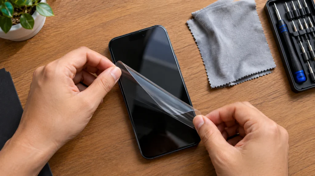 Removing screen protector from smartphone to fix WhatsApp white screen on call issue