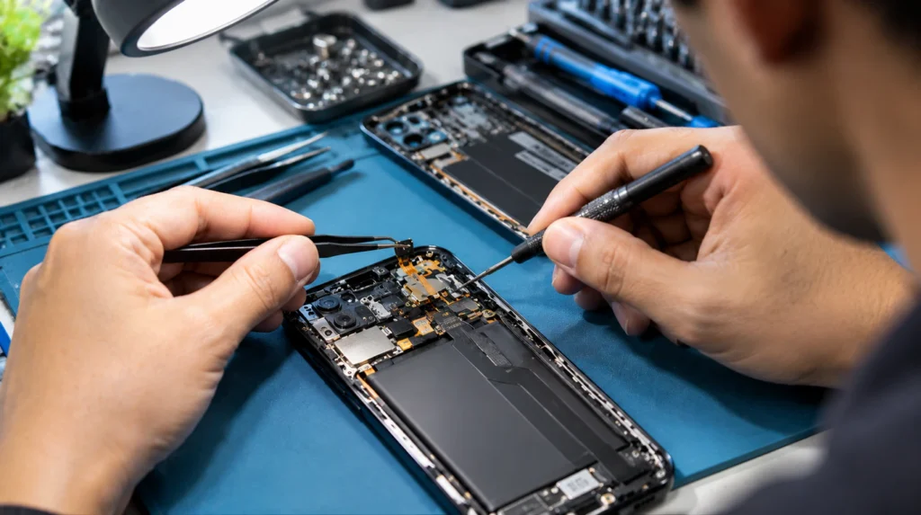 Technician inspecting smartphone proximity sensor flex cable for hardware white screen repair