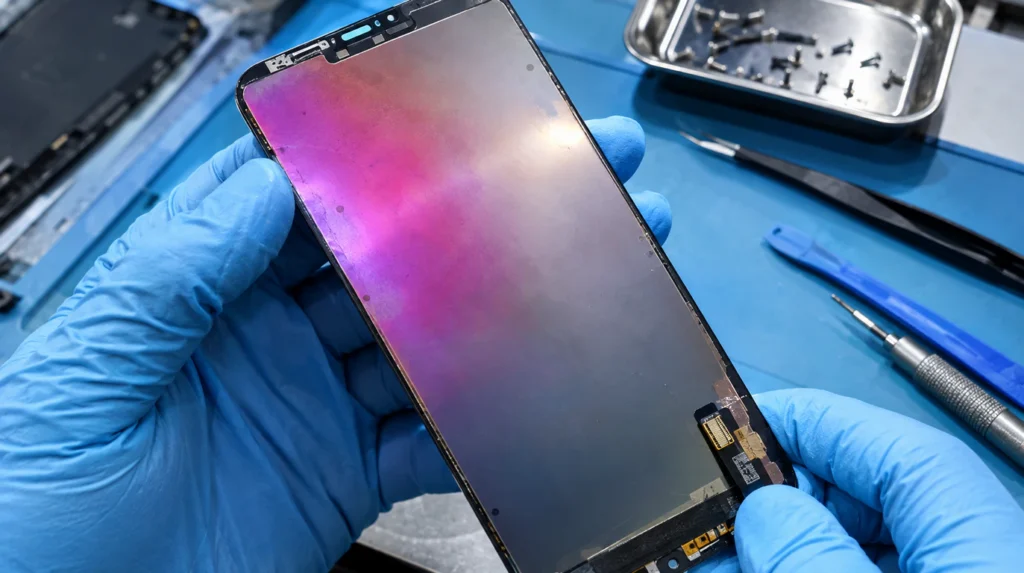 Damaged AMOLED phone screen panel showing spreading pink discoloration on organic display layer