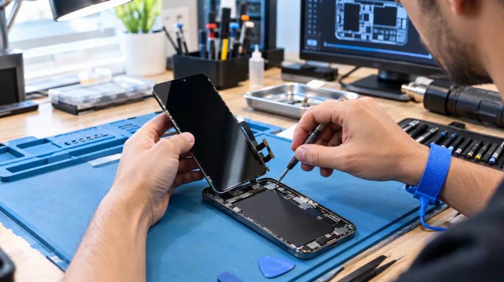 Technician replacing cracked phone screen assembly during professional display repair