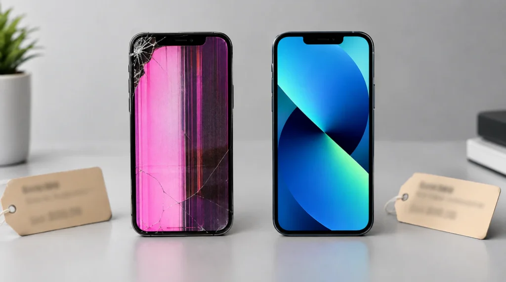 Phone with pink screen damage next to undamaged phone comparing repair versus replacement