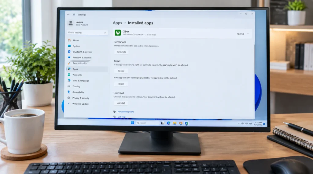 Windows Settings showing Xbox app repair and reset options