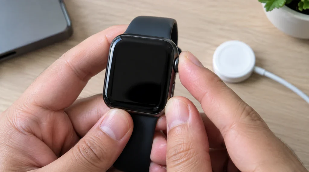 "Hand pressing the Side button and Digital Crown together to force restart an Apple Watch"