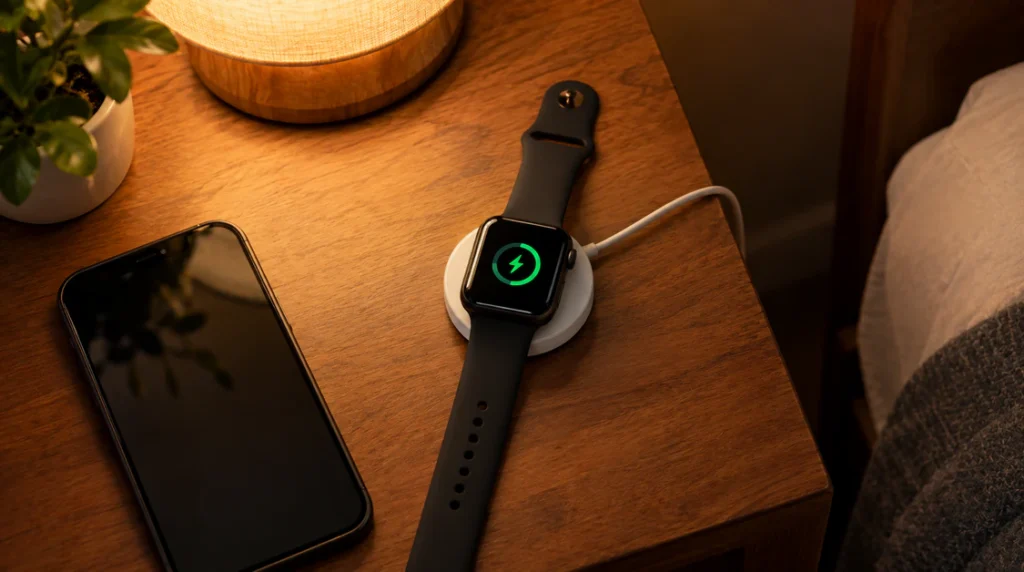 "Apple Watch charging on its magnetic charger after getting stuck on the logo"