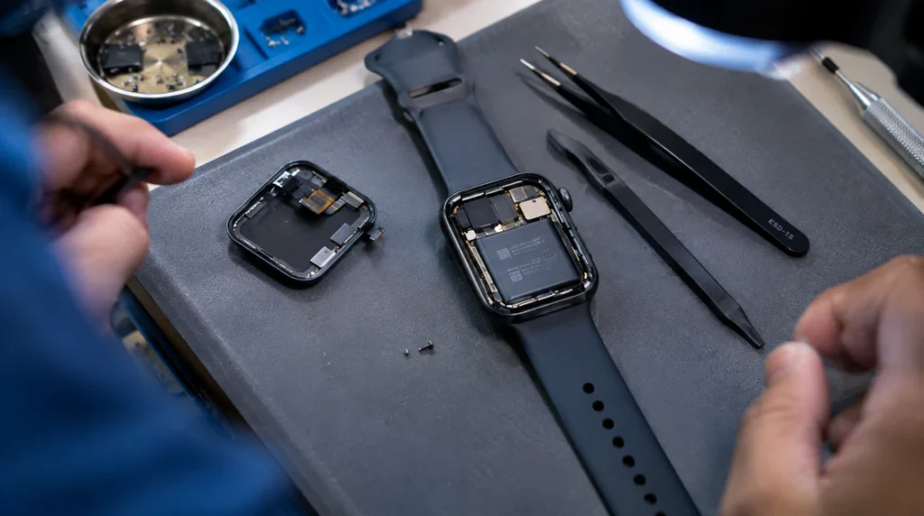 "Technician repair bench with an opened smartwatch case and tools for diagnosing hardware failure"