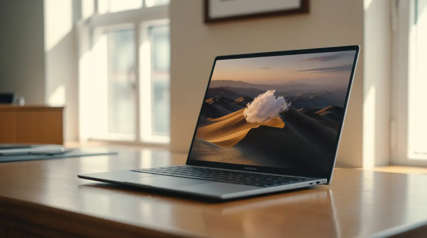 Close-up of a laptop screen showing a visible white spot caused by display damage on a dark background wallpaper.