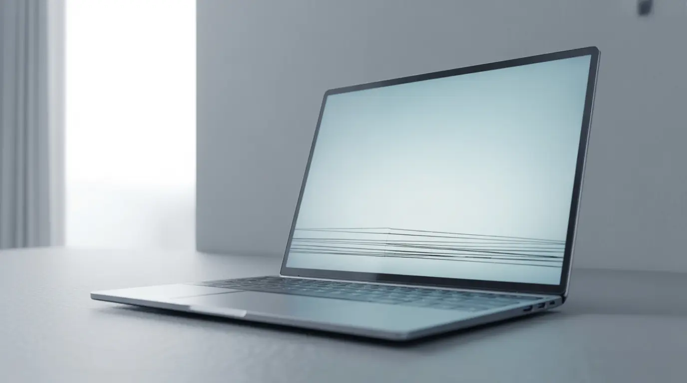 MacBook Pro open on a white desk showing horizontal black lines at the bottom of the screen.