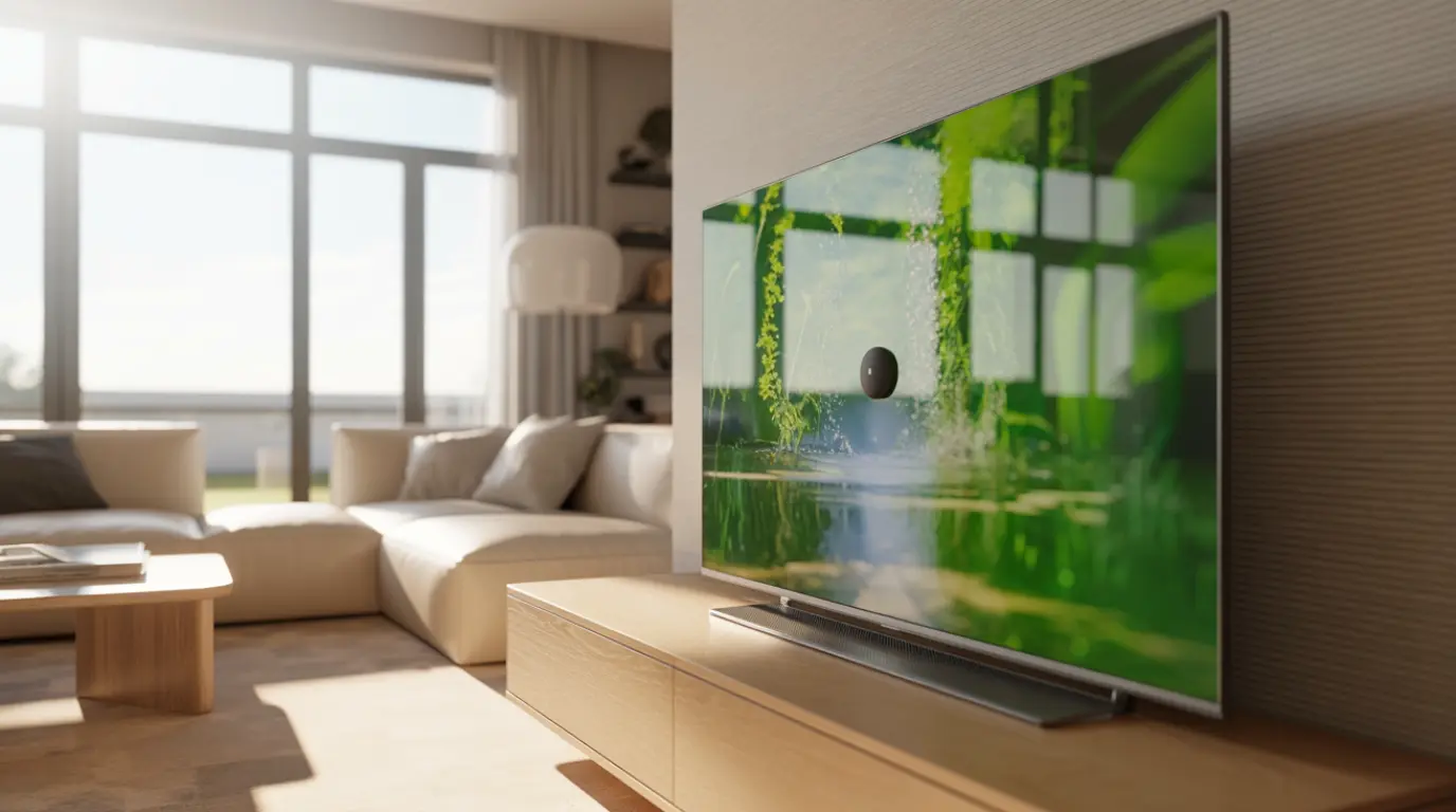 Black dots on TV screen visible in a modern living room.