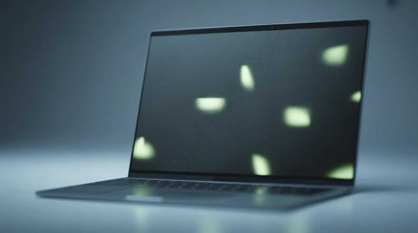 Green dots scattered across a laptop screen against a dark desktop background.