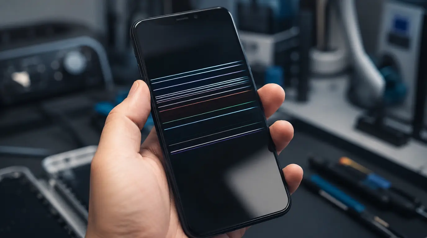 Smartphone screen showing multiple horizontal lines caused by display damage.