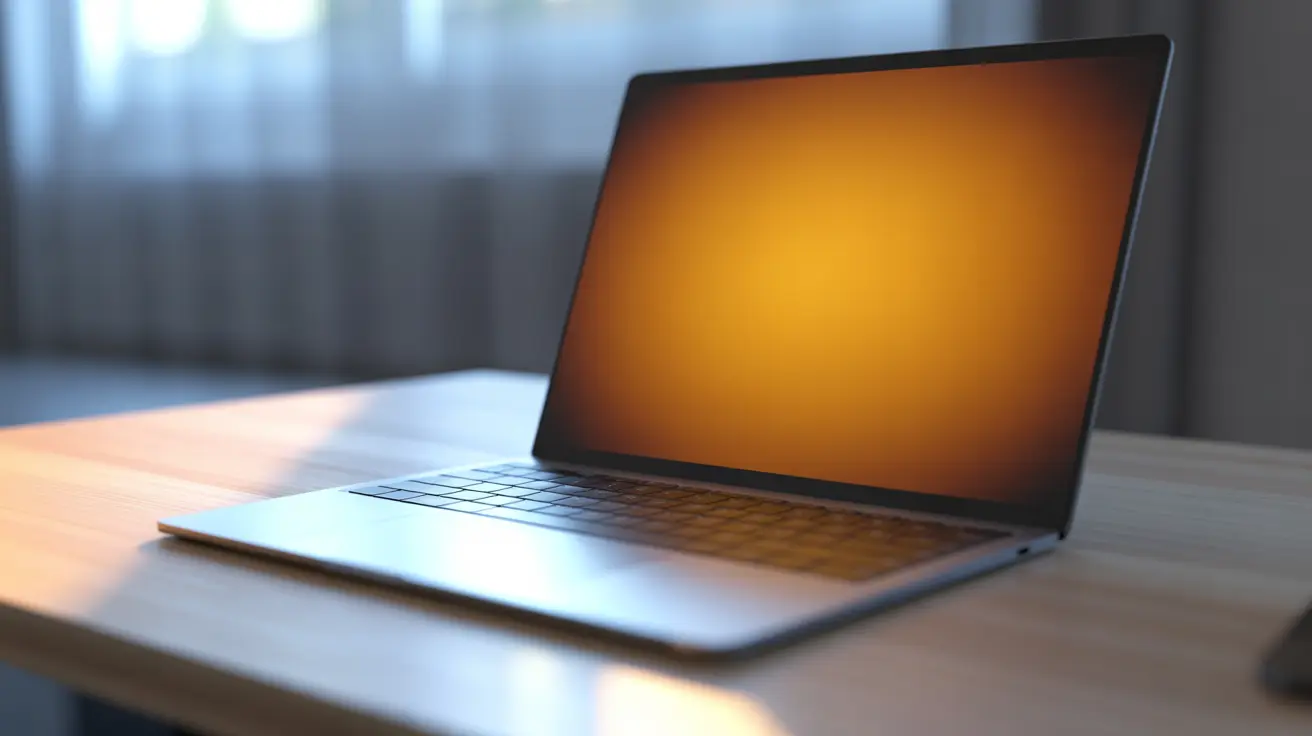 Open MacBook Pro on a wooden desk with an orange tinted screen glow.