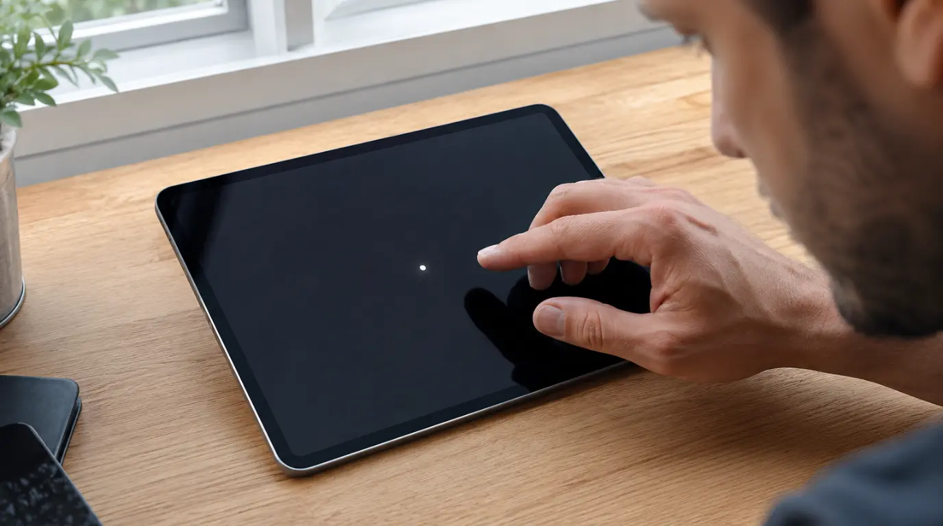 White dot visible on an iPad screen while a user inspects the display for possible damage.