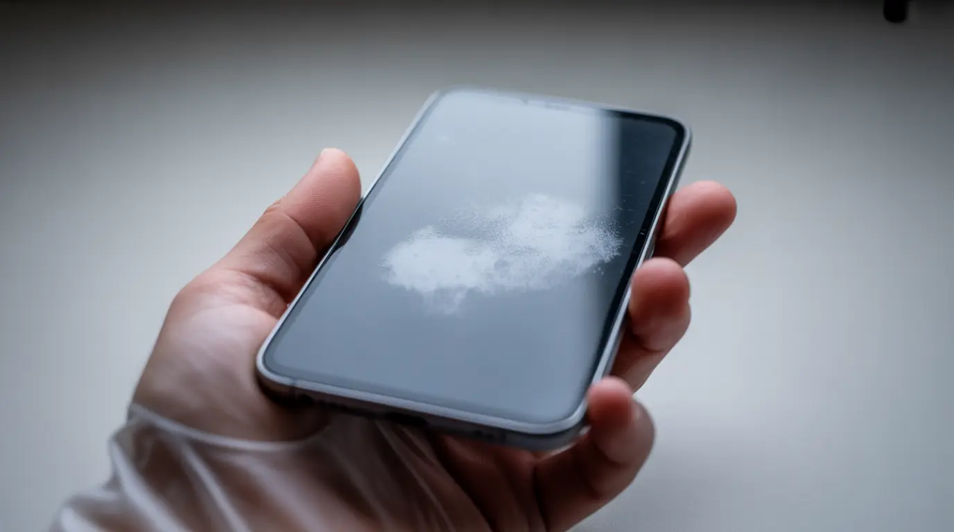 Smartphone screen with a soft white spot held in hand during diagnosis